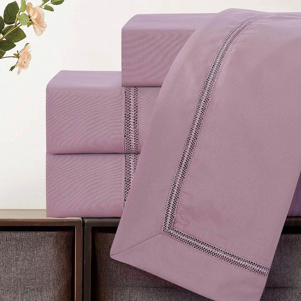 Jogo De Lençol Rebeca Queen 4 Peças Micropercal 300 Fios Ponto Palito Minimal - Malva - 4