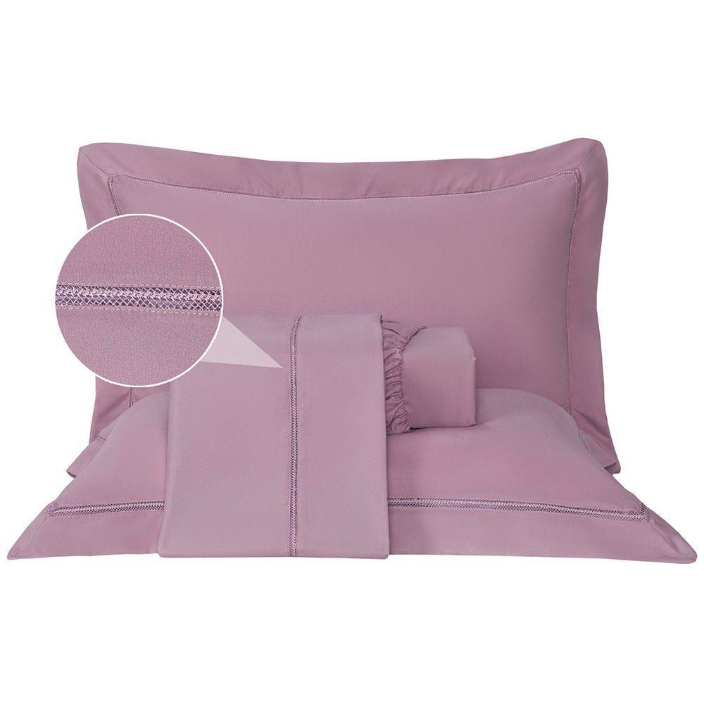 Jogo De Lençol Rebeca Queen 4 Peças Micropercal 300 Fios Ponto Palito Minimal - Malva - 6