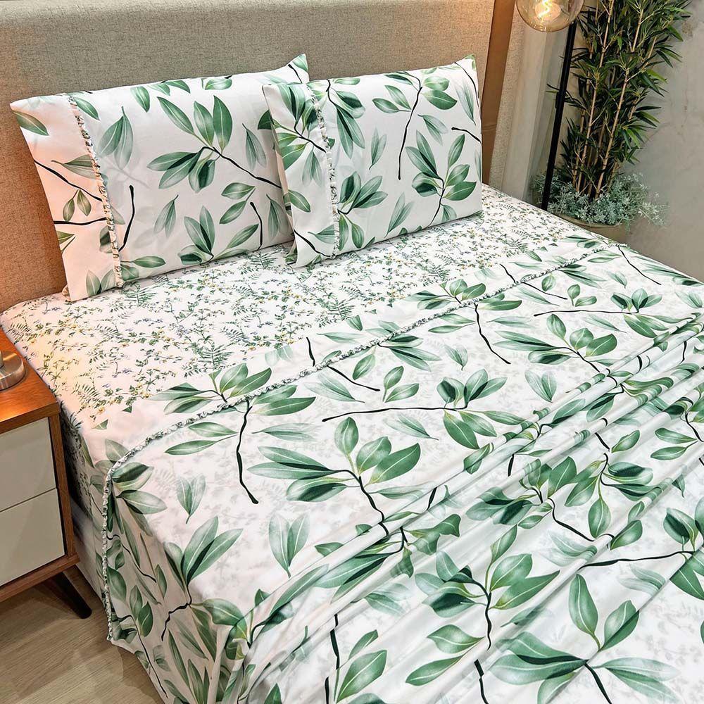 Jogo De Lençol Lislie Queen 4 Peças Micropercal 300 Fios Estampado Floral - Verde - 100% Poliéster - 2