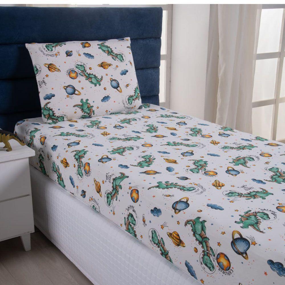 Jogo De Lençol Fantasy Infantil Solteiro 02 Peças Malha 100% Algodão - Dinossauro Astronauta - 1