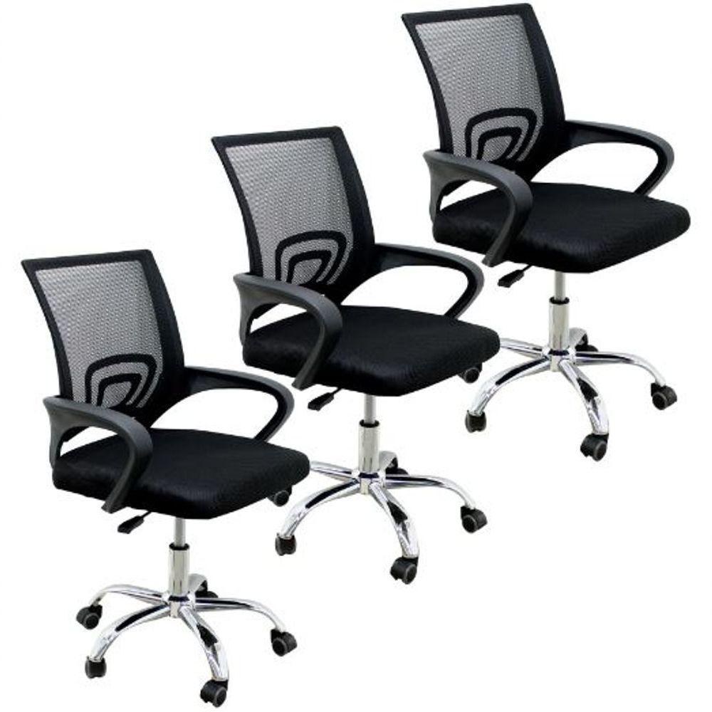 Conjunto 3 Cadeiras Confortavel Para Trabalhar Escritório Diretor Secretaria Clinica - Preto - 1