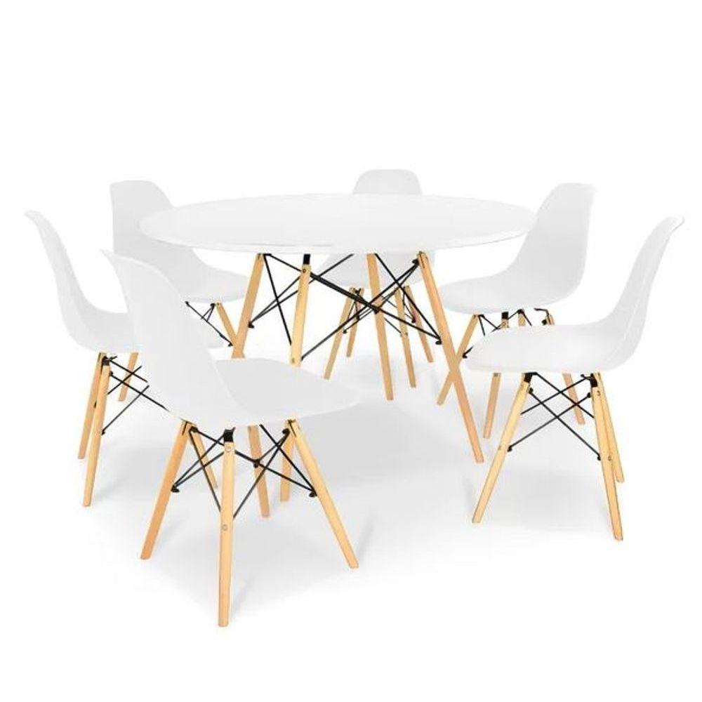 Conjunto De Mesa De Jantar Eames Eiffel Redonda 110cm Tampo De Madeira Branco Com 6 Cadeiras Brancas - 1