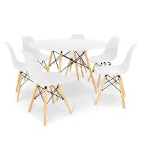 Conjunto De Mesa De Jantar Eames Eiffel Redonda 110cm Tampo De Madeira Branco Com 6 Cadeiras Brancas - 1