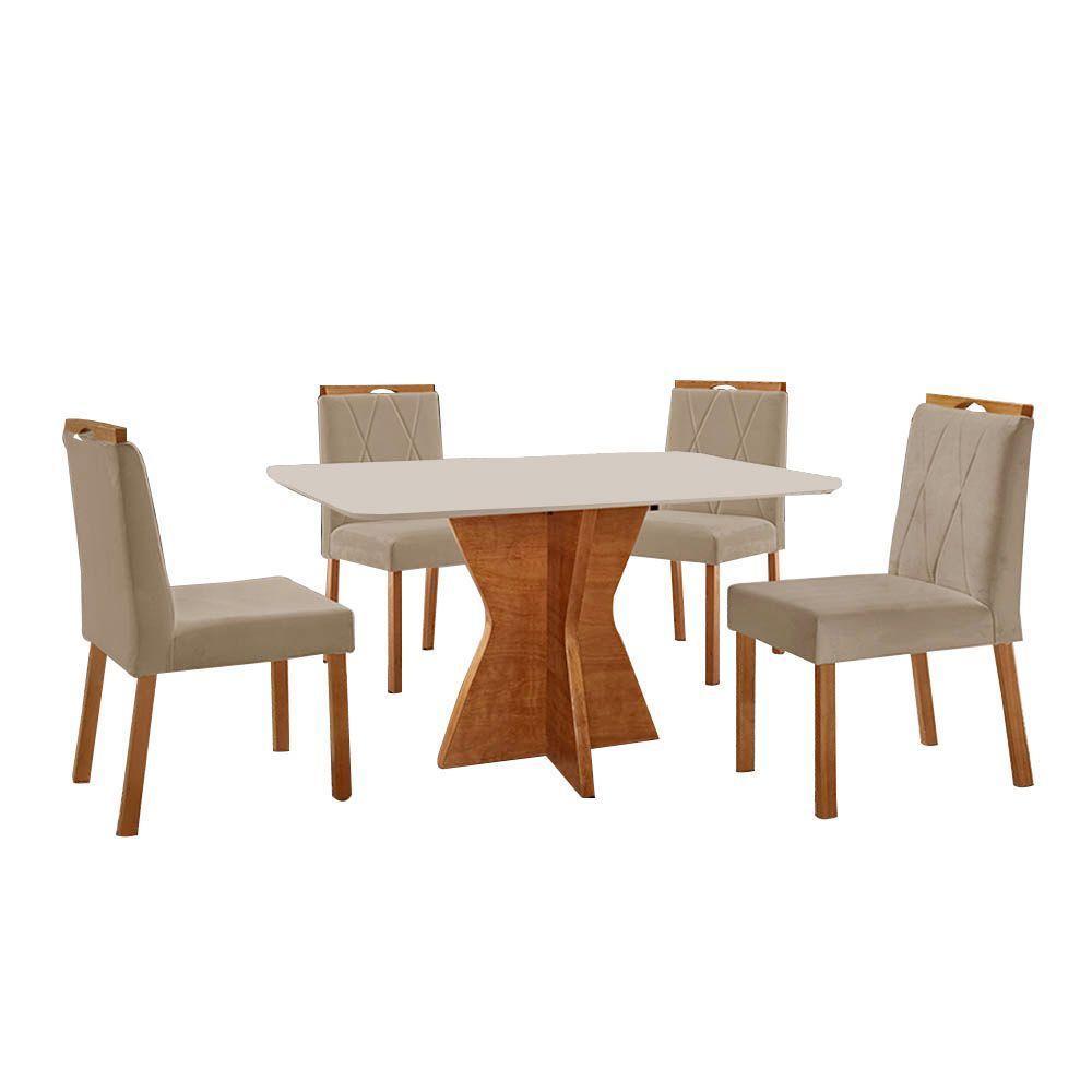 Conjunto Sala De Jantar Mesa Madri 120x80cm Tampo Retângular Vidro Off White Com 4 Cadeiras Bela Veludo Bege - 1