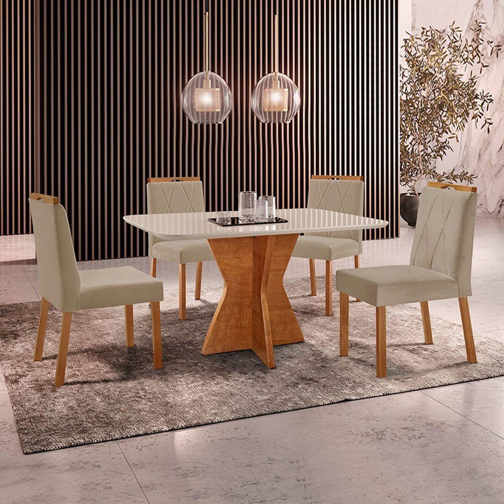 Conjunto Sala De Jantar Mesa Madri 120x80cm Tampo Retângular Vidro Off White Com 4 Cadeiras Bela Veludo Bege - 2