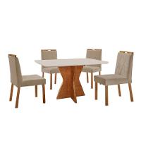 Conjunto Sala De Jantar Mesa Madri 120x80cm Tampo Retângular Vidro Off White Com 4 Cadeiras Bela Veludo Bege - 1