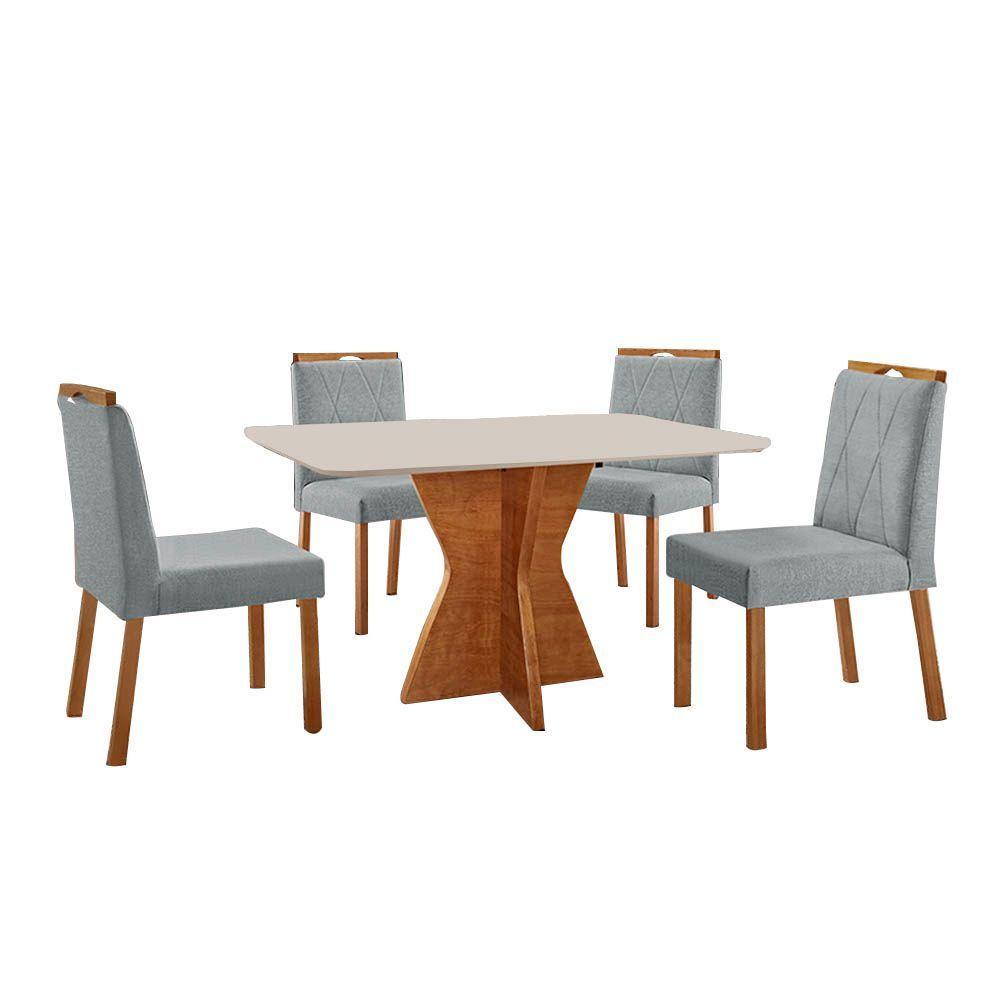 Conjunto Sala De Jantar Mesa Madri 120x80cm Tampo Retângular Vidro Off White Com 4 Cadeiras Bela Linho Cinza - 1