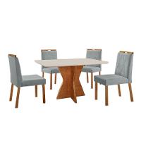 Conjunto Sala De Jantar Mesa Madri 120x80cm Tampo Retângular Vidro Off White Com 4 Cadeiras Bela Linho Cinza - 1