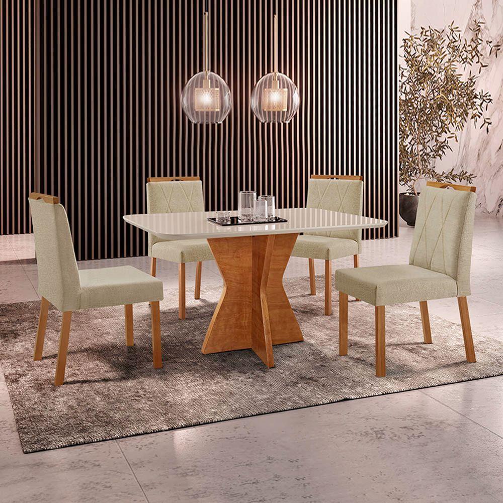 Conjunto Sala De Jantar Mesa Madri 120x80cm Tampo Retângular Vidro Off White Com 4 Cadeiras Bela Linho Bege - 2