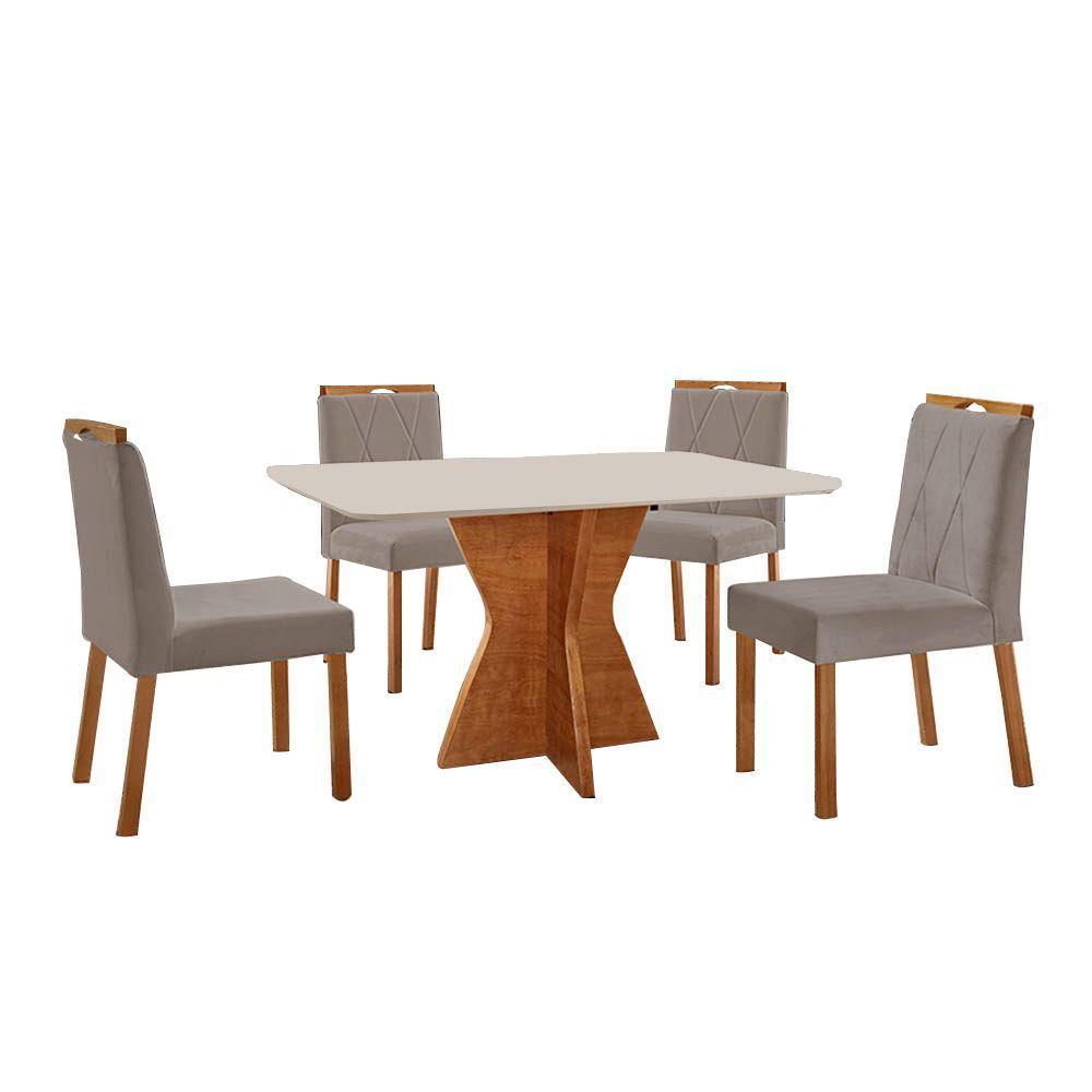Conjunto Sala De Jantar Mesa Madri 120x80cm Tampo Retângular Vidro Off White Com 4 Cadeiras Bela Veludo Cinza - 1