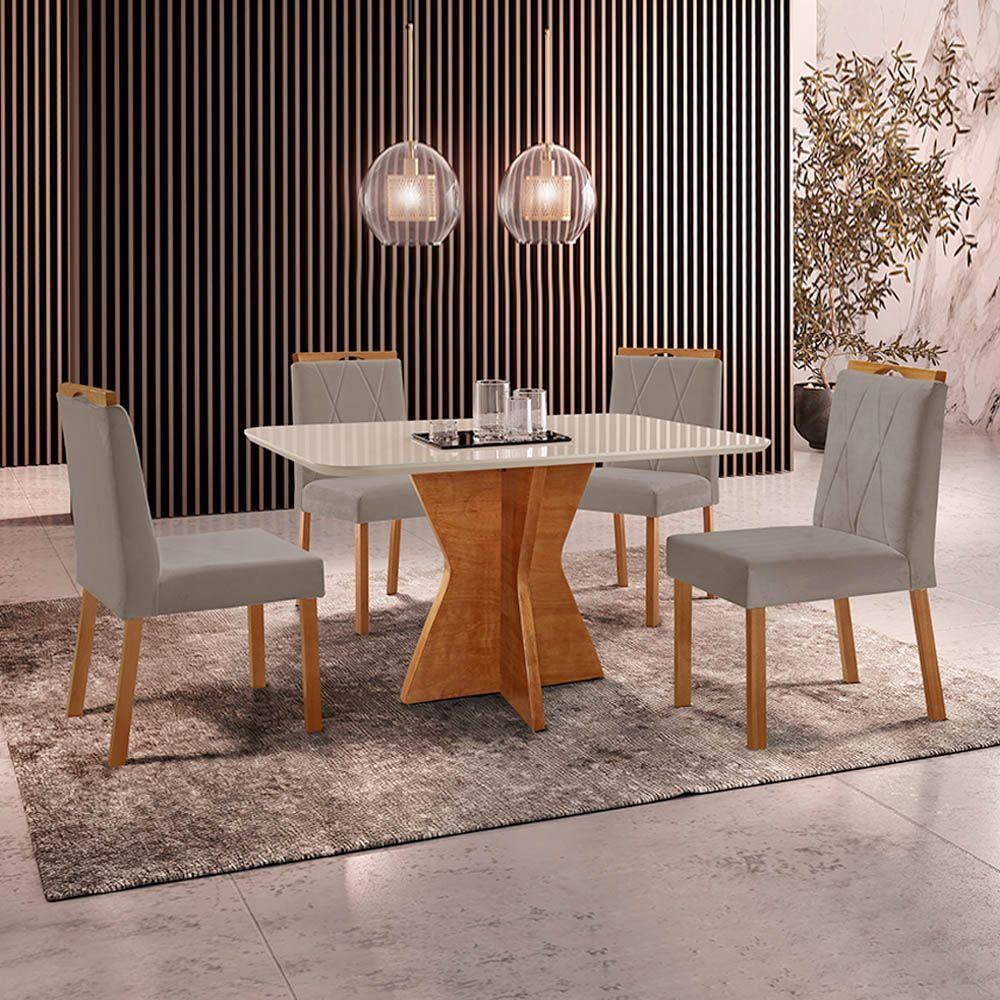 Conjunto Sala De Jantar Mesa Madri 120x80cm Tampo Retângular Vidro Off White Com 4 Cadeiras Bela Veludo Cinza - 2