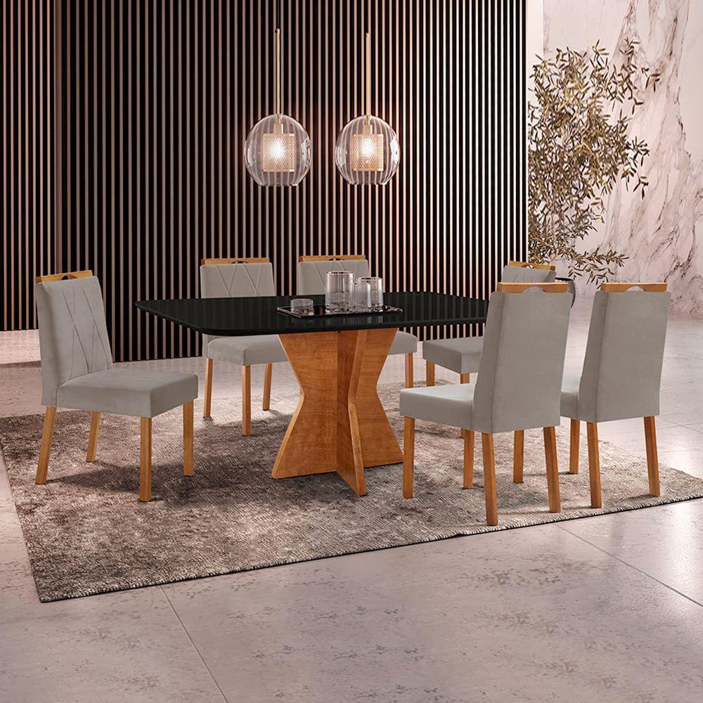 Conjunto Sala De Jantar Mesa Madri 160x90cm Tampo Retângular Vidro Preto Com 6 Cadeiras Veludo Cinza - 2
