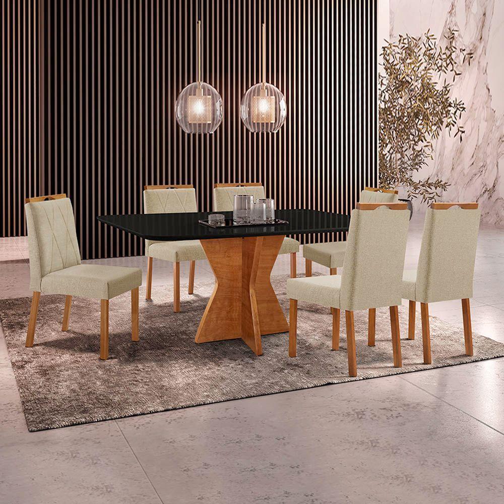 Conjunto Sala De Jantar Mesa Madri 160x90cm Tampo Retângular Vidro Preto Com 6 Cadeiras Linho Bege - 2