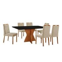 Conjunto Sala De Jantar Mesa Madri 160x90cm Tampo Retângular Vidro Preto Com 6 Cadeiras Linho Bege - 1