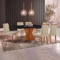 Conjunto Sala De Jantar Mesa Madri 160x90cm Tampo Retângular Vidro Preto Com 6 Cadeiras Linho Bege - 2