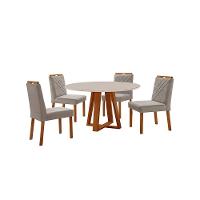 Conjunto Sala De Jantar Mesa Floripa 110cm Tampo Redondo Vidro-mdf Off White Com 4 Cadeiras Dallas Veludo Cinza - 1