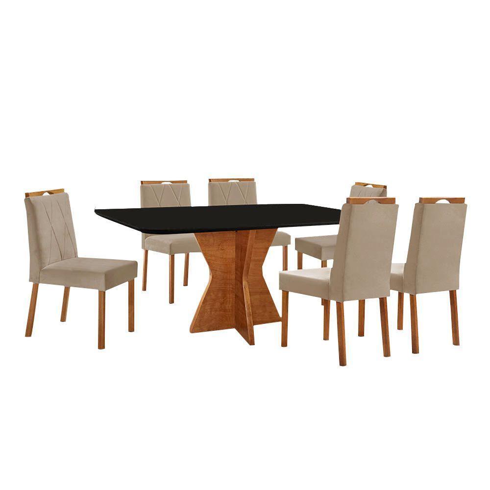 Conjunto Sala De Jantar Mesa Madri 160x90cm Tampo Retângular Vidro Preto Com 6 Cadeiras Veludo Bege - 1