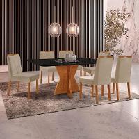 Conjunto Sala De Jantar Mesa Madri 160x90cm Tampo Retângular Vidro Preto Com 6 Cadeiras Veludo Bege - 2