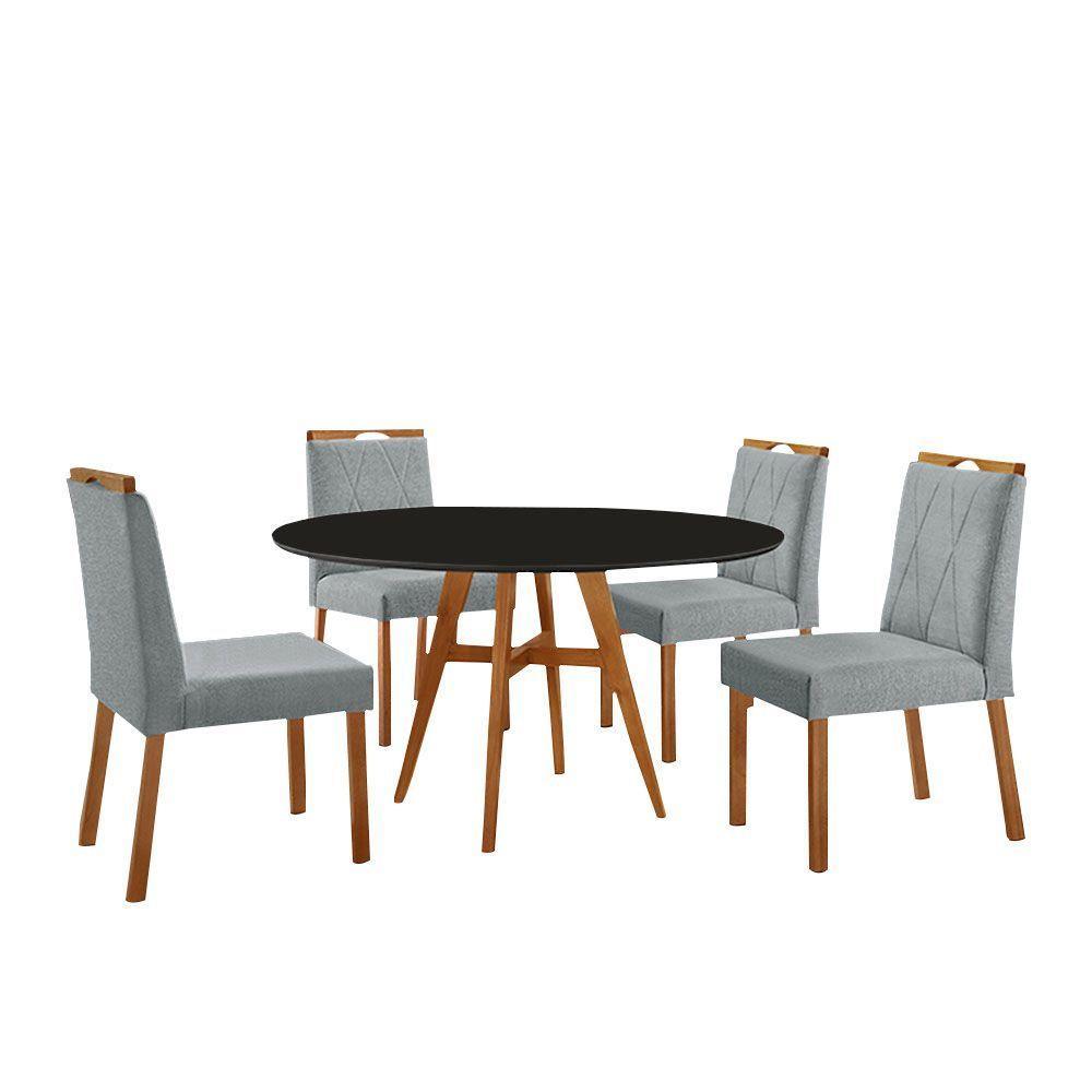 Conjunto Sala De Jantar Mesa Atenas Madeira Maciça 110cm Tampo Redondo Vidro Preto Com 4 Cadeiras Bela Linho Cinza - 1
