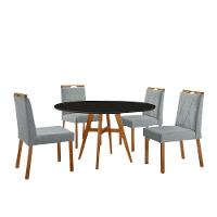 Conjunto Sala De Jantar Mesa Atenas Madeira Maciça 110cm Tampo Redondo Vidro Preto Com 4 Cadeiras Bela Linho Cinza - 1