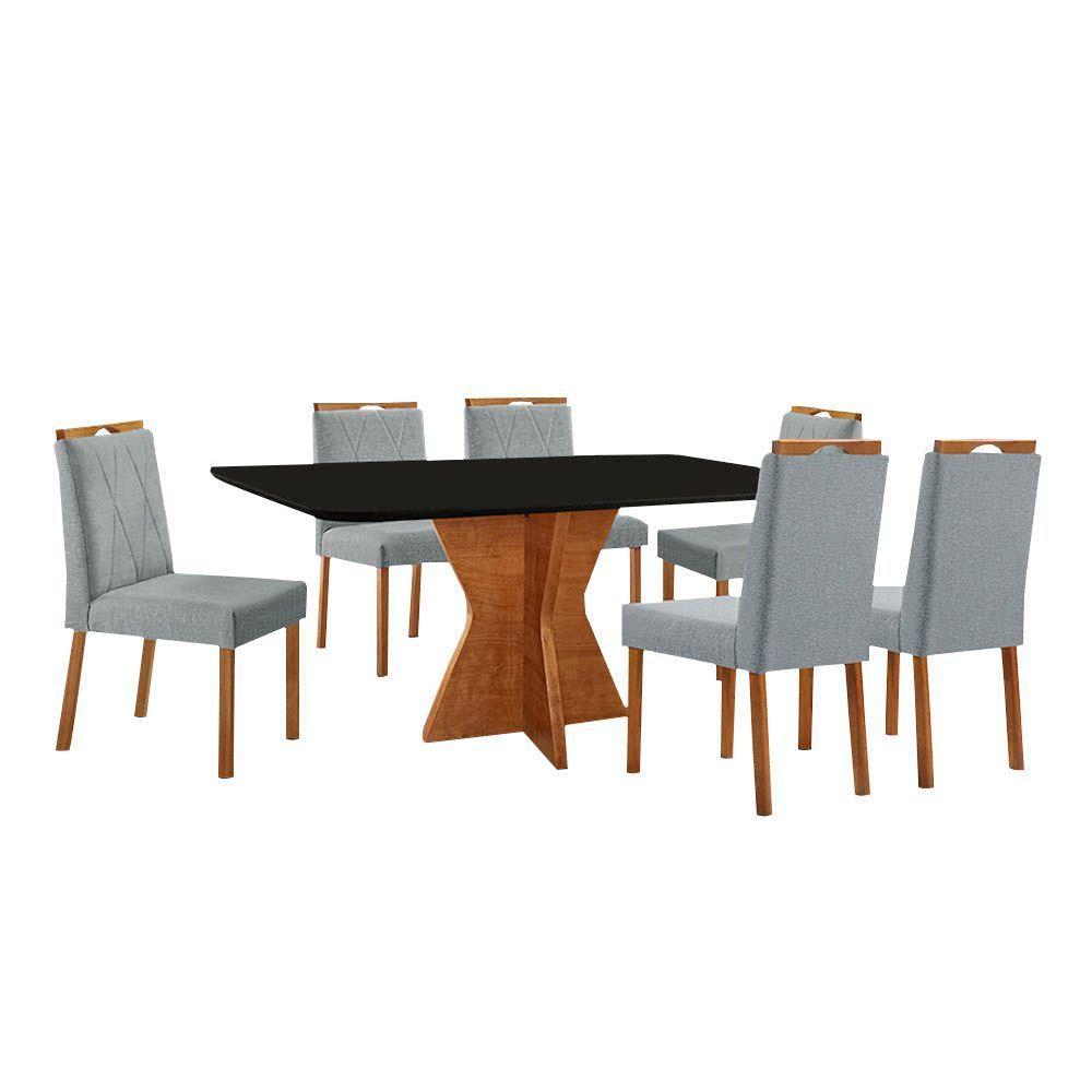 Conjunto Sala De Jantar Mesa Madri 160x90cm Tampo Retângular Vidro Preto Com 6 Cadeiras Linho Cinza - 1