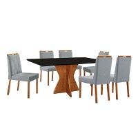 Conjunto Sala De Jantar Mesa Madri 160x90cm Tampo Retângular Vidro Preto Com 6 Cadeiras Linho Cinza - 1