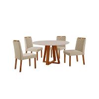 Conjunto Sala De Jantar Mesa Floripa 110cm Tampo Redondo Vidro-mdf Off White Com 4 Cadeiras Dallas Linho Bege - 1