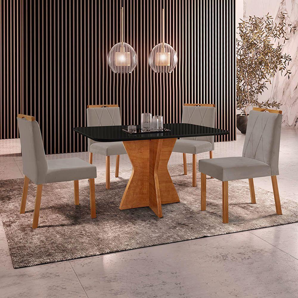 Conjunto Sala De Jantar Mesa Madri 120x80cm Tampo Retângular Vidro Preto Com 4 Cadeiras Bela Veludo Cinza - 2
