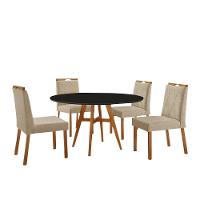 Conjunto Sala De Jantar Mesa Atenas Madeira Maciça 110cm Tampo Redondo Vidro Preto Com 4 Cadeiras Bela Linho Bege - 1