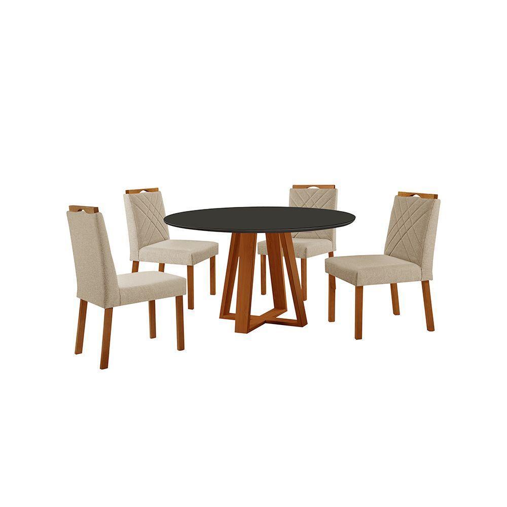 Conjunto Sala De Jantar Mesa Floripa 110cm Tampo Redondo Vidro-mdf Preto Com 4 Cadeiras Dallas Linho Bege - 1