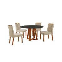 Conjunto Sala De Jantar Mesa Floripa 110cm Tampo Redondo Vidro-mdf Preto Com 4 Cadeiras Dallas Linho Bege - 1