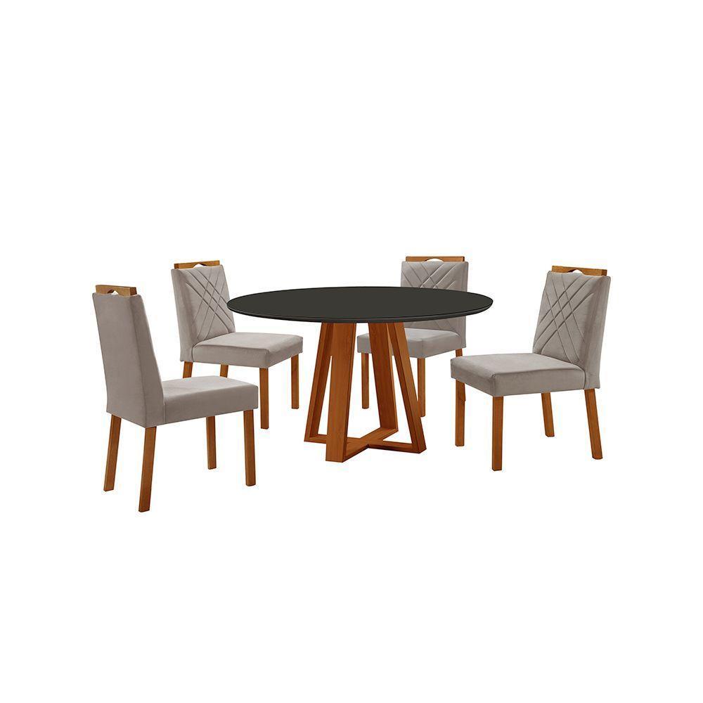 Conjunto Sala De Jantar Mesa Floripa 110cm Tampo Redondo Vidro-mdf Preto Com 4 Cadeiras Dallas Veludo Cinza - 1