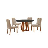 Conjunto Sala De Jantar Mesa Floripa 110cm Tampo Redondo Vidro-mdf Preto Com 4 Cadeiras Dallas Veludo Bege - 1