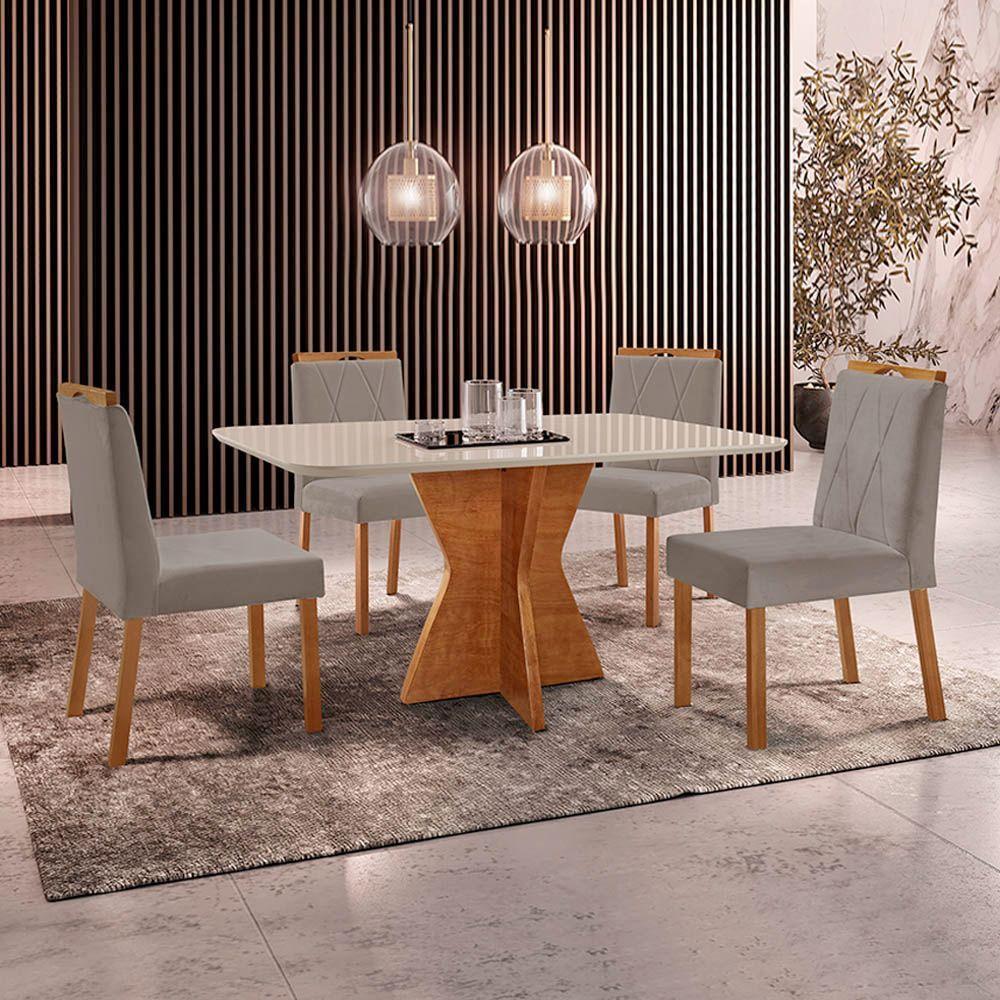 Conjunto Sala De Jantar Mesa Madri 140x80cm Tampo Retângular Vidro Off White Com 4 Cadeiras Bela Veludo Cinza - 2