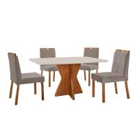 Conjunto Sala De Jantar Mesa Madri 140x80cm Tampo Retângular Vidro Off White Com 4 Cadeiras Bela Veludo Cinza - 1