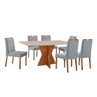 Conjunto Sala De Jantar Mesa Madri 160x90cm Tampo Retângular Vidro Off White Com 6 Cadeiras Bela Linho Cinza - 1