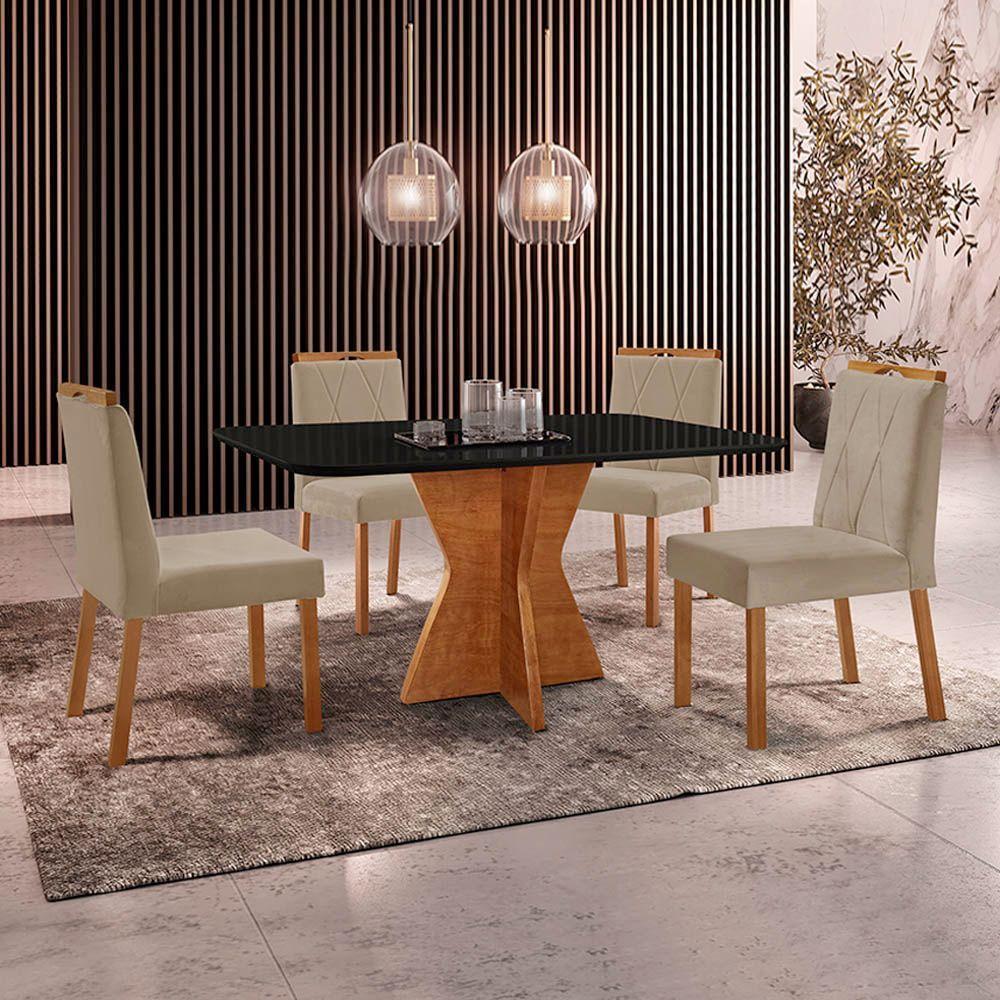 Conjunto Sala De Jantar Mesa Madri 140x80cm Tampo Retângular Vidro Preto Com 4 Cadeiras Bela Veludo Bege - 2