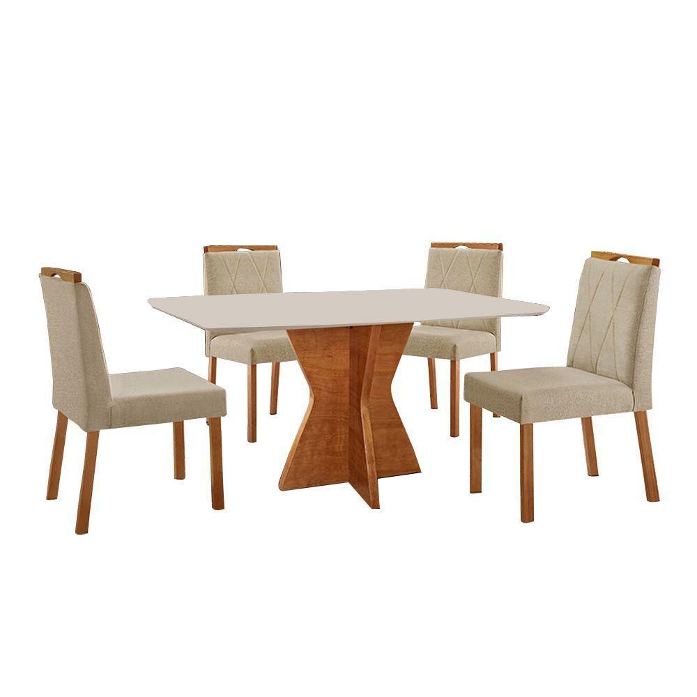 Conjunto Sala De Jantar Mesa Madri 140x80cm Tampo Retângular Vidro Off White Com 4 Cadeiras Bela Linho Bege - 1