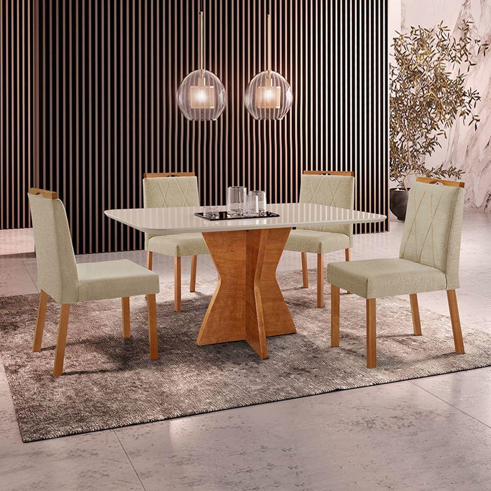 Conjunto Sala De Jantar Mesa Madri 140x80cm Tampo Retângular Vidro Off White Com 4 Cadeiras Bela Linho Bege - 2