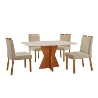Conjunto Sala De Jantar Mesa Madri 140x80cm Tampo Retângular Vidro Off White Com 4 Cadeiras Bela Linho Bege - 1