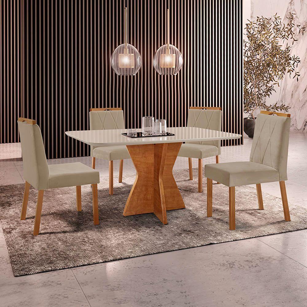 Conjunto Sala De Jantar Mesa Madri 140x80cm Tampo Retângular Vidro Off White Com 4 Cadeiras Bela Veludo Bege - 2