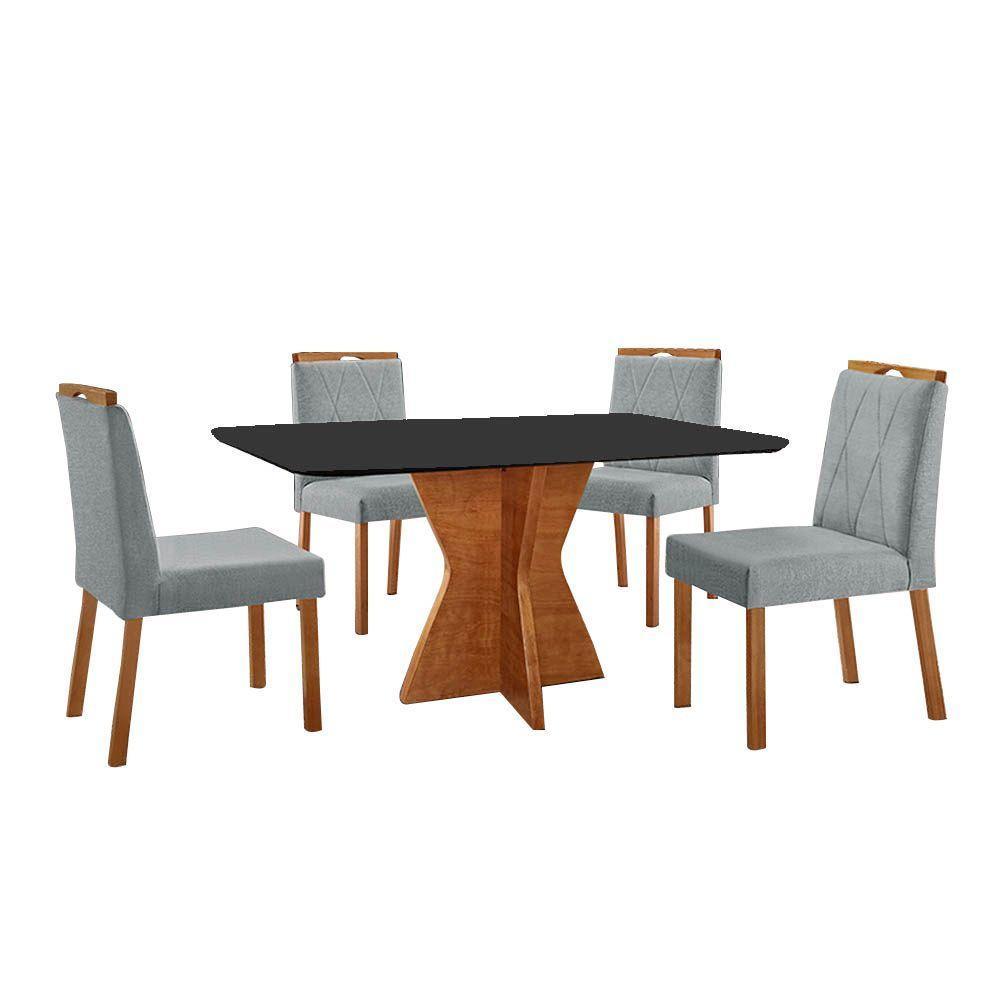 Conjunto Sala De Jantar Mesa Madri 140x80cm Tampo Retângular Vidro Preto Com 4 Cadeiras Bela Linho Cinza - 1