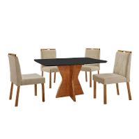 Conjunto Sala De Jantar Mesa Madri 120x80cm Tampo Retângular Vidro Preto Com 4 Cadeiras Bela Linho Bege - 1