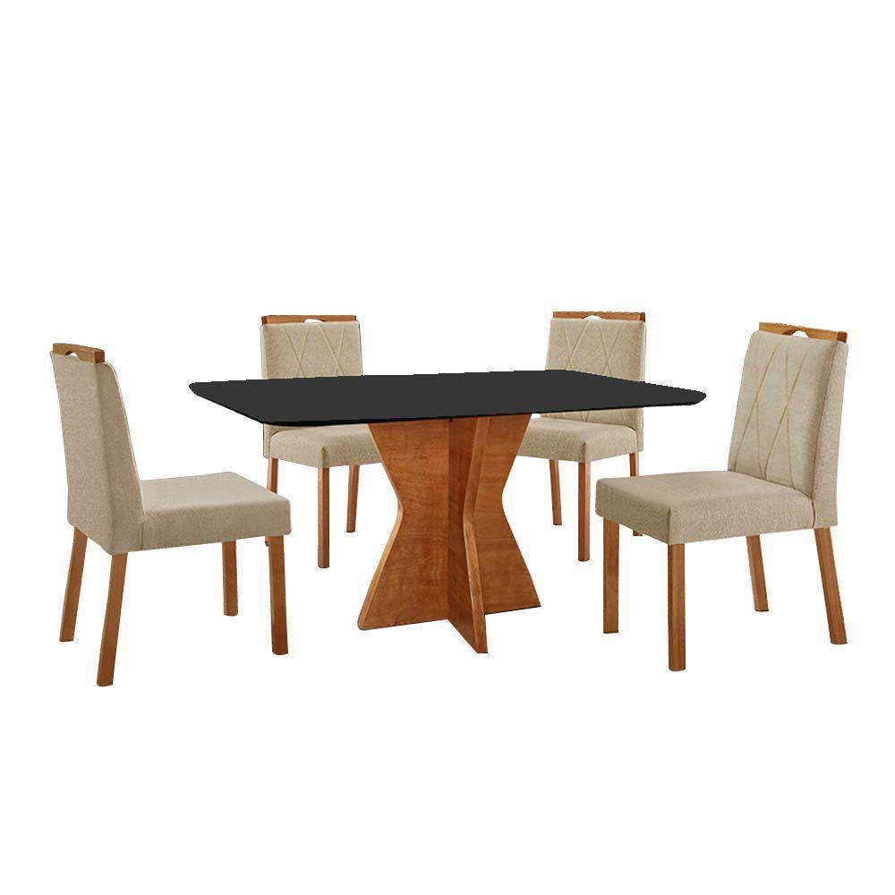 Conjunto Sala De Jantar Mesa Madri 140x80cm Tampo Retângular Vidro Preto Com 4 Cadeiras Bela Linho Bege - 1