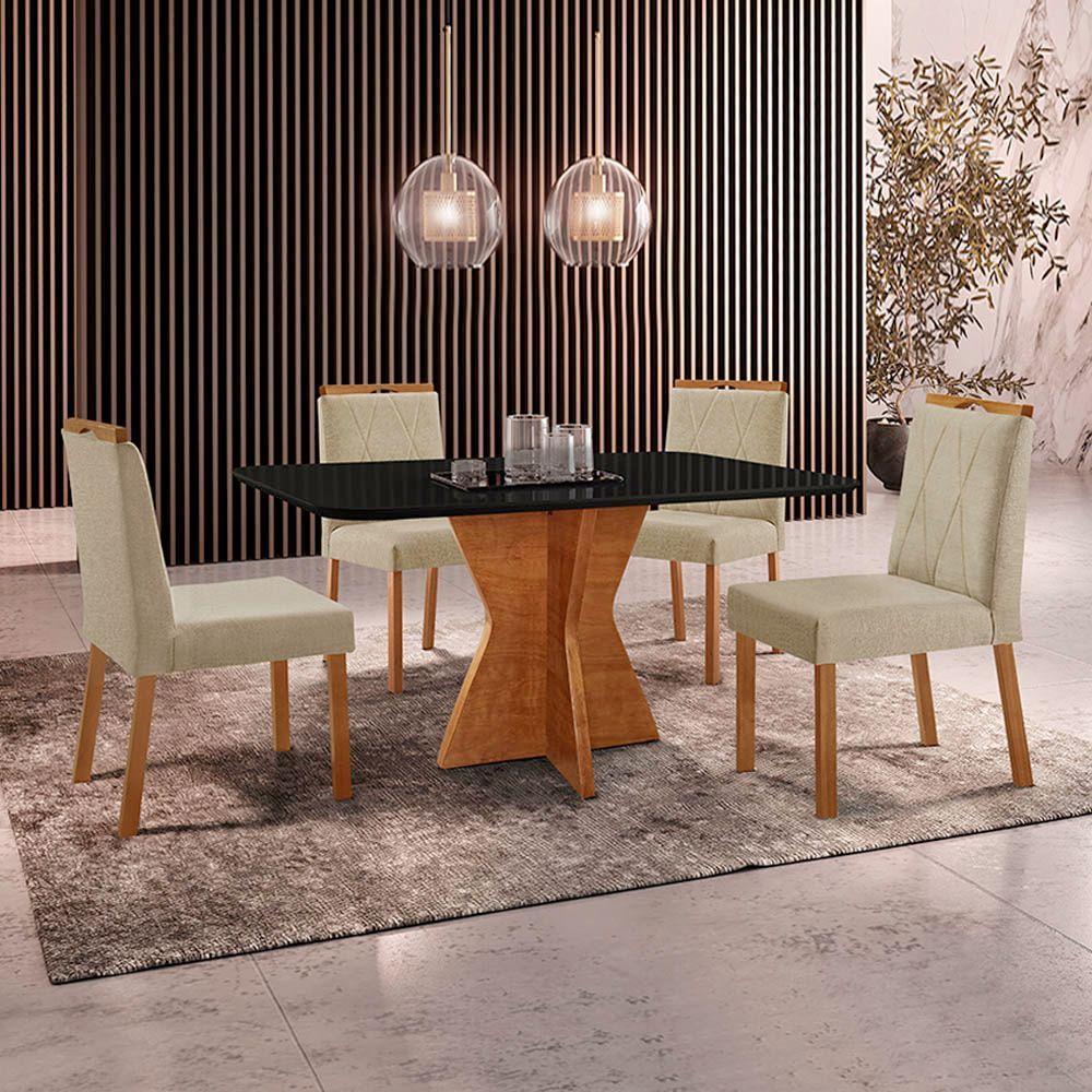 Conjunto Sala De Jantar Mesa Madri 140x80cm Tampo Retângular Vidro Preto Com 4 Cadeiras Bela Linho Bege - 2
