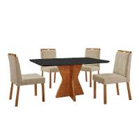 Conjunto Sala De Jantar Mesa Madri 140x80cm Tampo Retângular Vidro Preto Com 4 Cadeiras Bela Linho Bege - 1