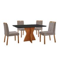 Conjunto Sala De Jantar Mesa Madri 140x80cm Tampo Retângular Vidro Preto Com 4 Cadeiras Bela Veludo Cinza - 1