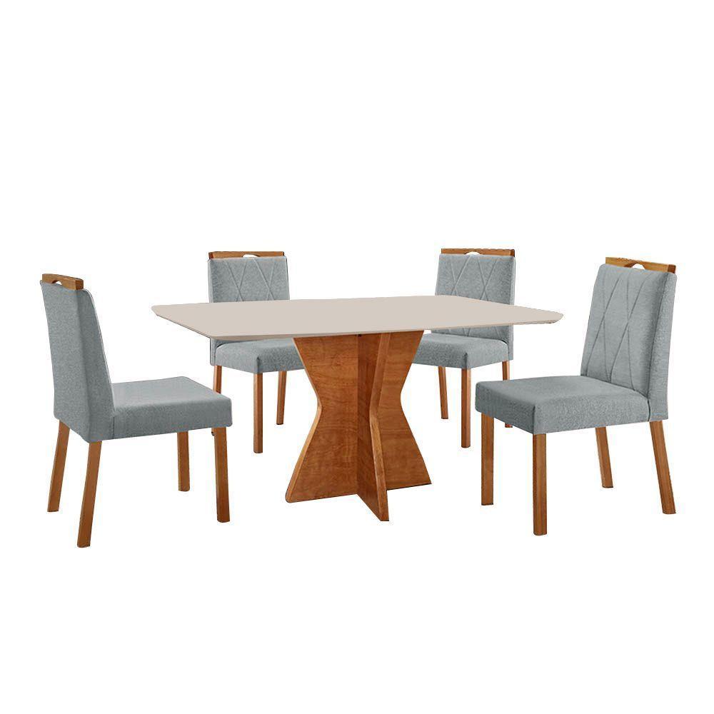 Conjunto Sala De Jantar Mesa Madri 140x80cm Tampo Retângular Vidro Off White Com 4 Cadeiras Bela Linho Cinza - 1
