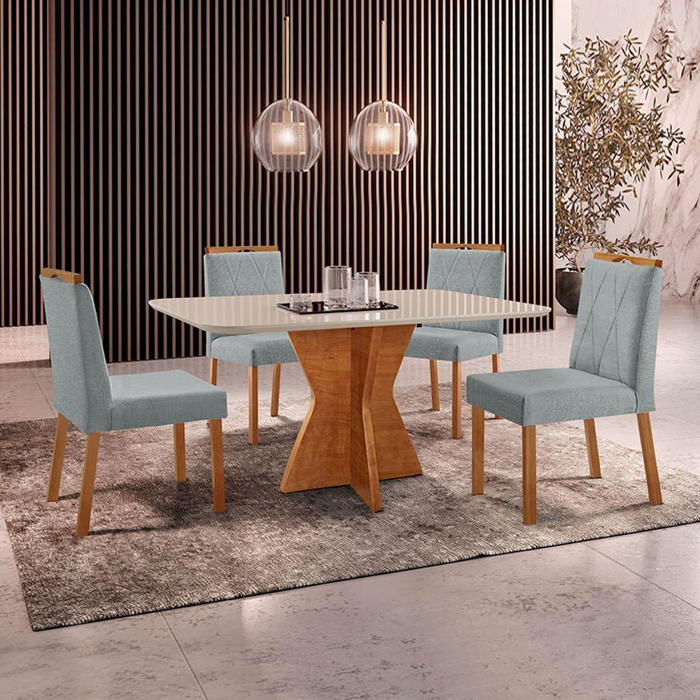 Conjunto Sala De Jantar Mesa Madri 140x80cm Tampo Retângular Vidro Off White Com 4 Cadeiras Bela Linho Cinza - 2