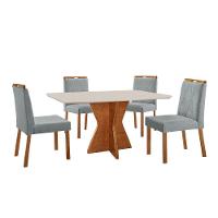 Conjunto Sala De Jantar Mesa Madri 140x80cm Tampo Retângular Vidro Off White Com 4 Cadeiras Bela Linho Cinza - 1